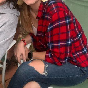 American Eagle Boyfriend Fit Plaid Flannel Shirt High Low Hemline